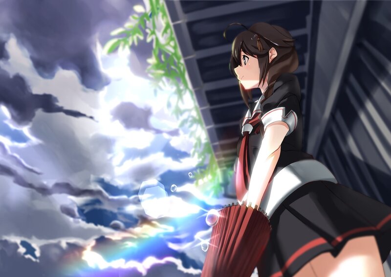 Anime Girl with Umbrella — Black, Dramatic, Night, Lightning