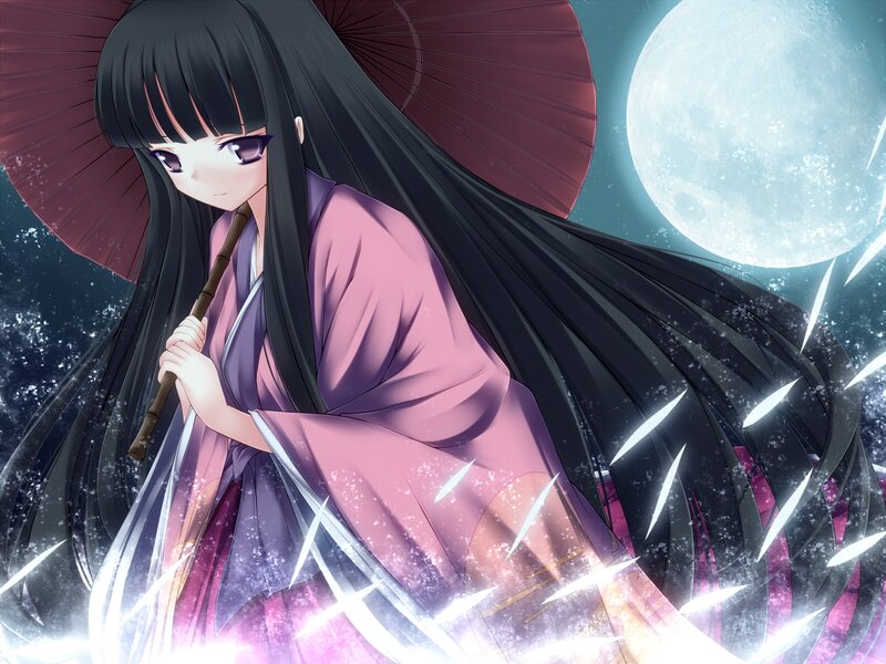 Anime Girl with Umbrella — Black, Dramatic, Night, Moon