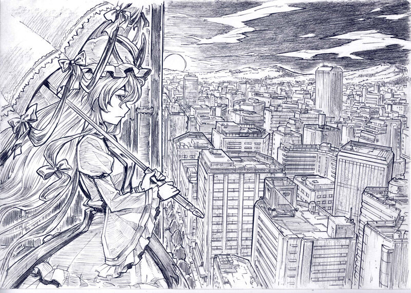 Anime Girl with Umbrella — Black, Dramatic, Sunset