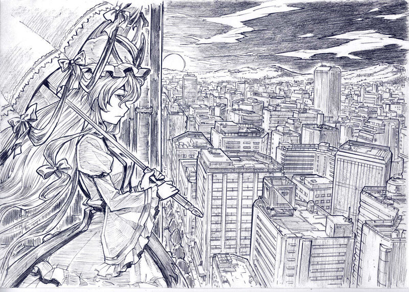 Anime Girl with Umbrella — Black, Dramatic