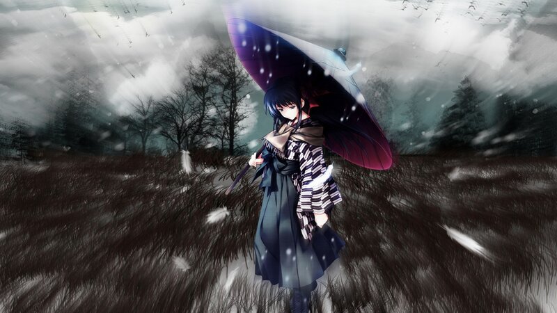 Anime Girl with Umbrella — Black, Dramatic, Winter