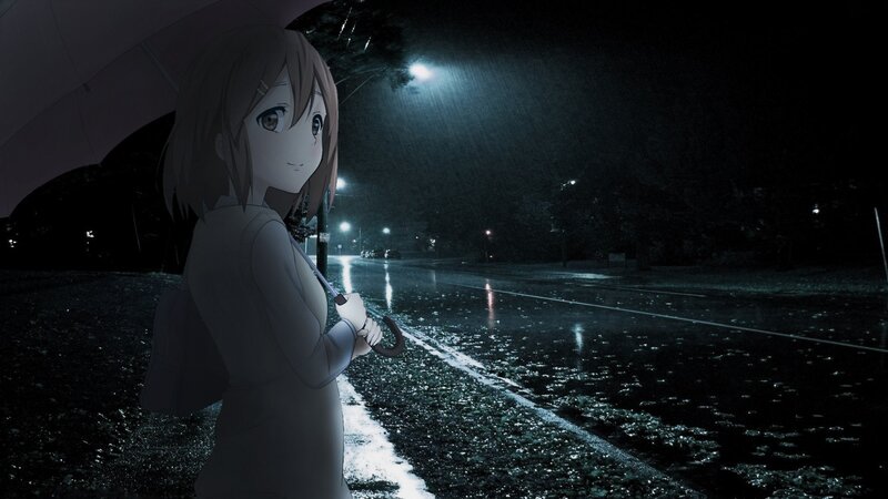 Anime Girl with Umbrella — Black, Melancholic, Night, Rain