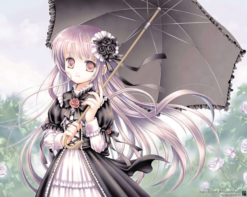 Anime Girl with Umbrella — Black, Serene, Spring