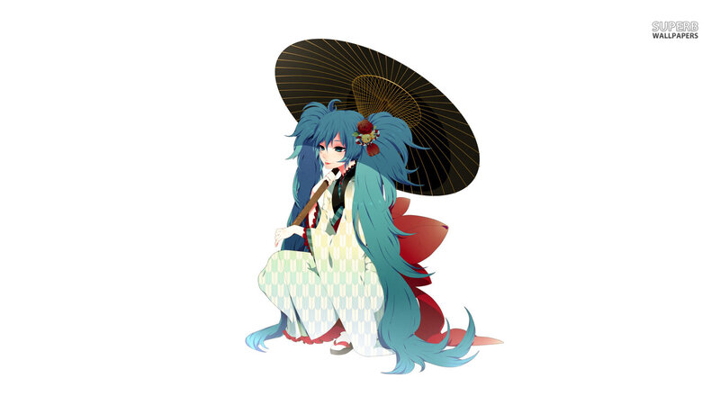 Anime Girl with Umbrella — Blue, Calm, Digital Art, Kimono