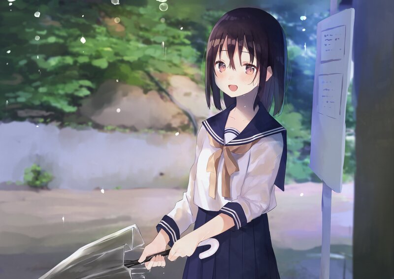 Anime Girl with Umbrella — Blue, Calm, Night, Digital Art, School Uniform