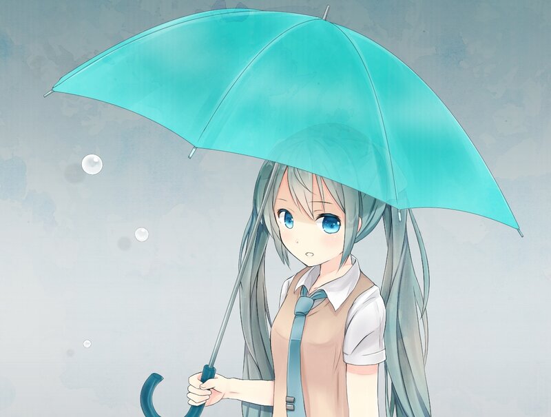 Anime Girl with Umbrella — Blue, Calm, Raindrops