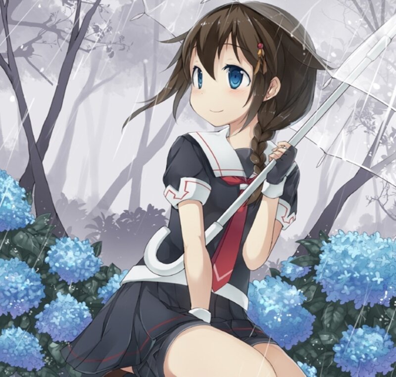 Anime Girl with Umbrella — Blue, Calm, Spring, Flowers, Rain