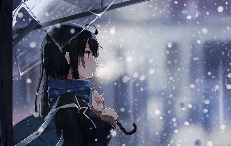 Anime Girl with Umbrella — Blue, Calm, Winter, Snow