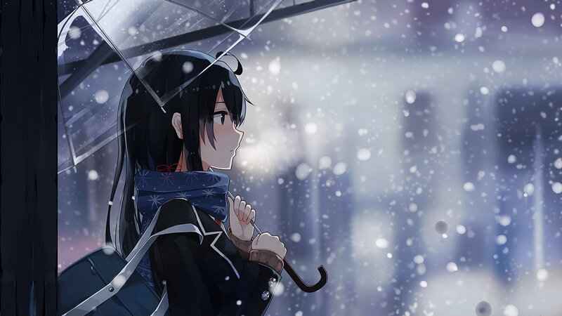 Anime Girl with Umbrella — Blue, Calm, Winter
