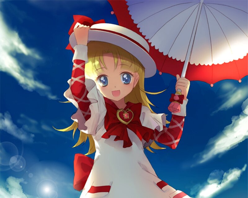 Anime Girl with Umbrella — Blue, Cheerful, Afternoon, Hat