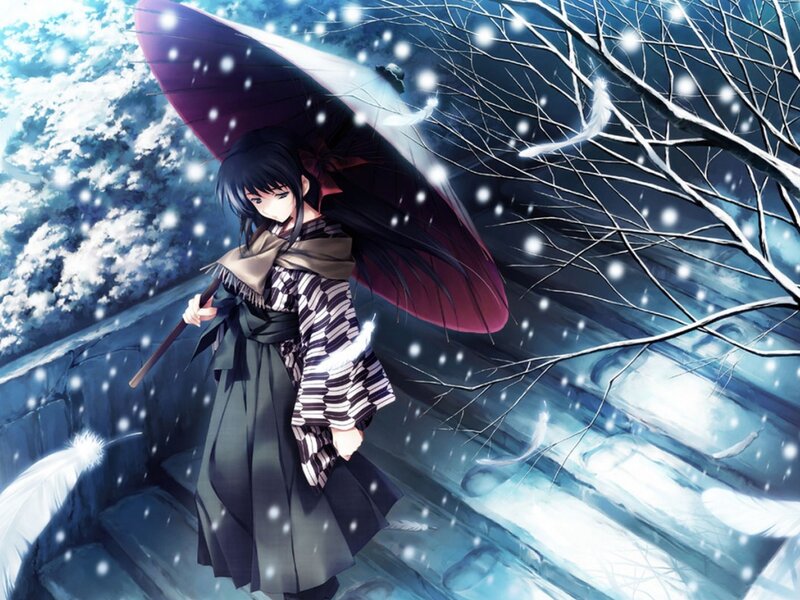 Anime Girl with Umbrella — Blue, Cold, Winter, Digital Art, Snow, Tree Branches
