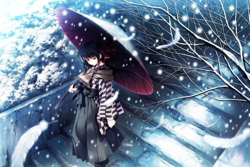 Anime Girl with Umbrella — Blue, Cold, Winter