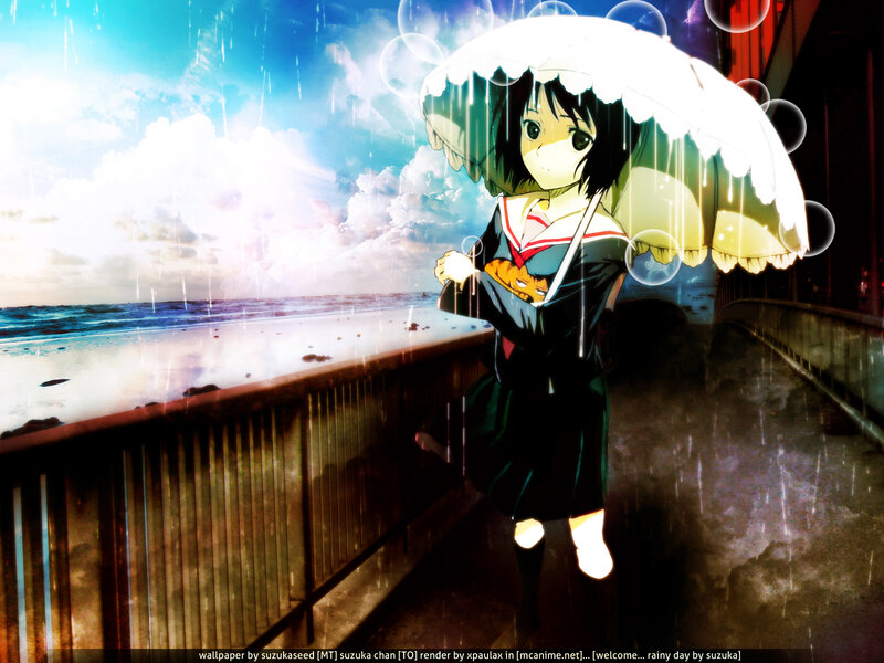 Anime Girl with Umbrella — Blue, Dramatic, Afternoon