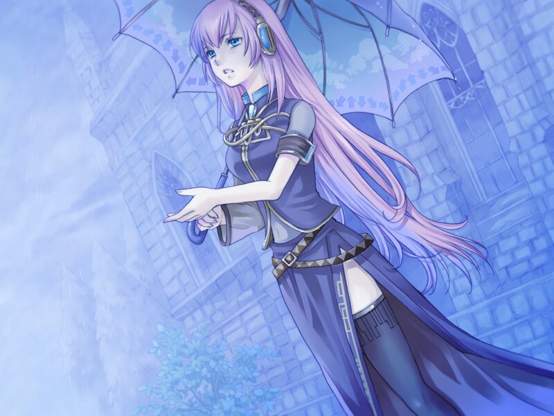 Anime Girl with Umbrella — Blue, Dramatic, Digital Art