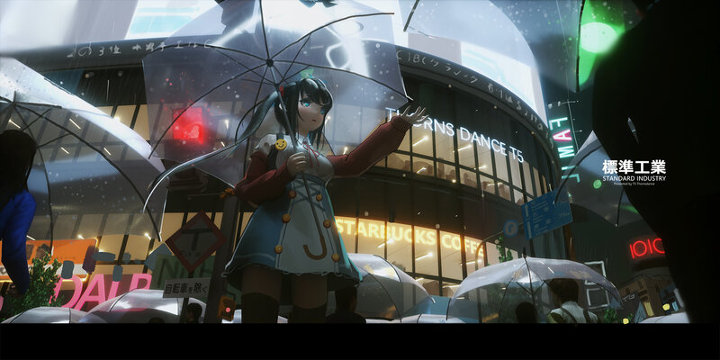 Anime Girl with Umbrella — Blue, Dramatic, Night, Digital Art, City Street