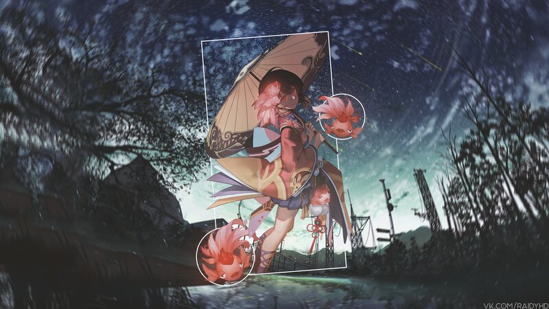Anime Girl with Umbrella — Blue, Dramatic, Night, Digital Art, Fish