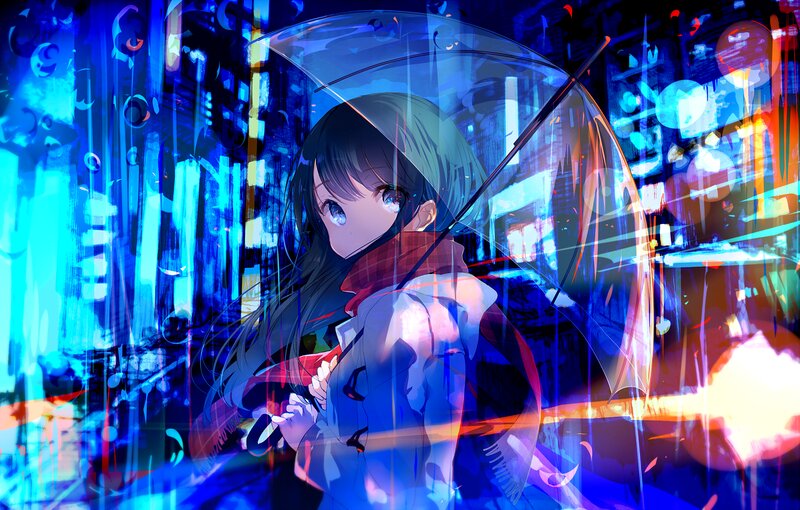 Anime Girl with Umbrella — Blue, Dramatic, Night, Digital Art, Rain, City
