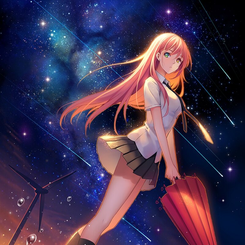 Anime Girl with Umbrella — Blue, Dramatic, Night, Digital Art, Wind Turbine