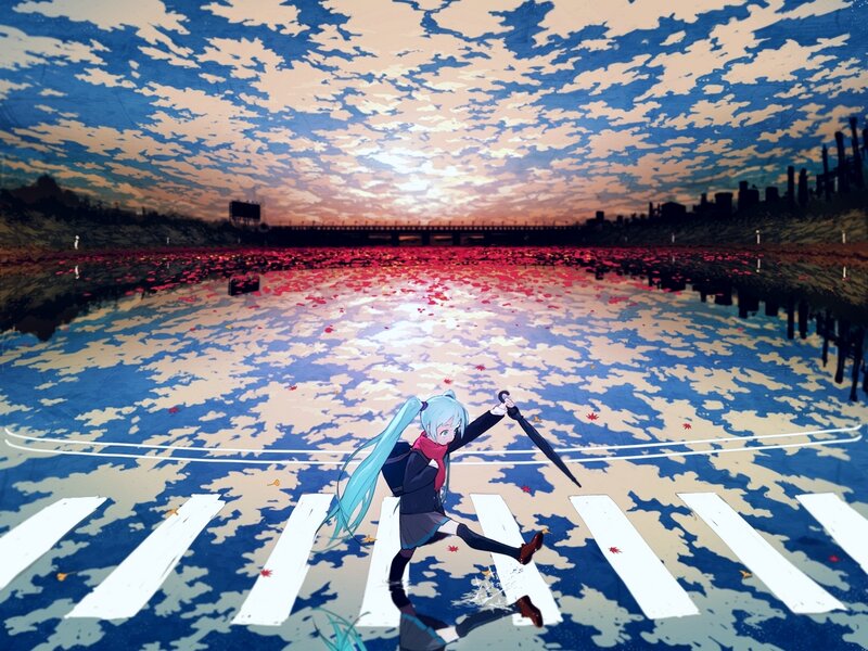 Anime Girl with Umbrella — Blue, Dramatic, Sunset, Digital Art, Crosswalk, Flowers