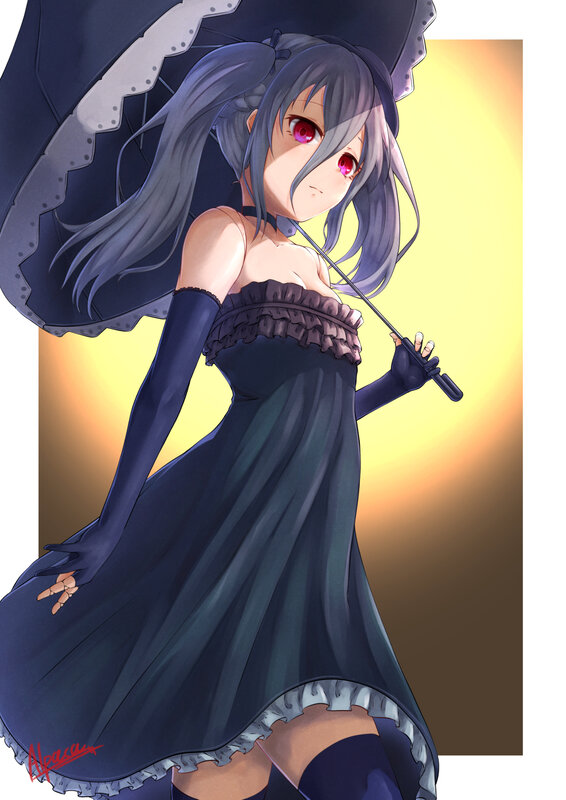 Anime Girl with Umbrella — Blue, Dramatic, Sunset, Digital Art, Dress