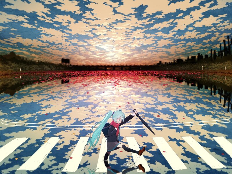 Anime Girl with Umbrella — Blue, Dramatic, Sunset, Digital Art, Rain Puddle