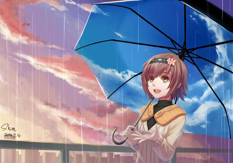 Anime Girl with Umbrella — Blue, Dramatic, Sunset, Digital Art, Rain