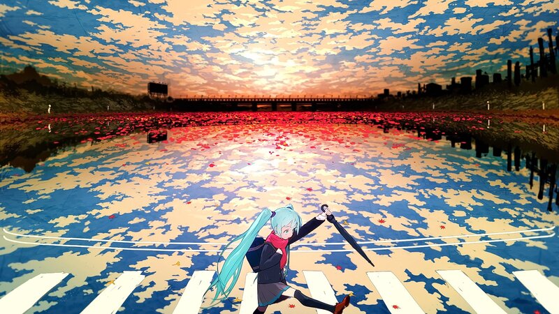 Anime Girl with Umbrella — Blue, Dramatic, Sunset, Digital Art, River