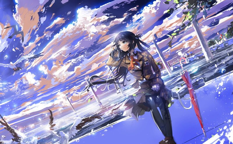 Anime Girl with Umbrella — Blue, Dramatic, Sunset, Digital Art, Seagulls, Sky