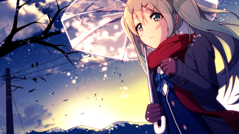 Anime Girl with Umbrella — Blue, Dramatic, Sunset, Scarf