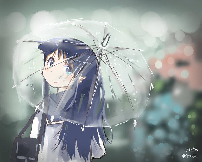Anime Girl with Umbrella — Blue, Melancholic, Digital Art, Rain