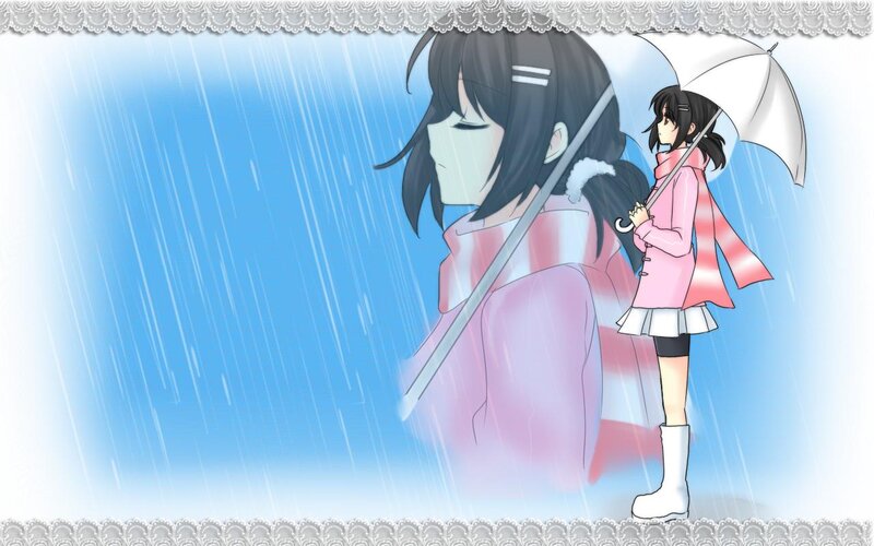 Anime Girl with Umbrella — Blue, Melancholic, Digital Art