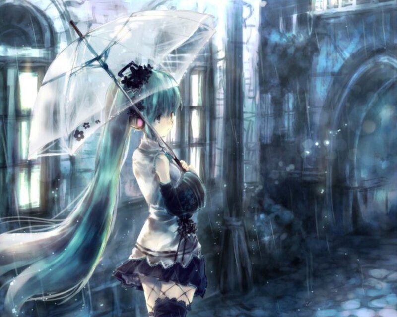 Anime Girl with Umbrella — Blue, Melancholic, Night, Digital Art, Rain, Building, White