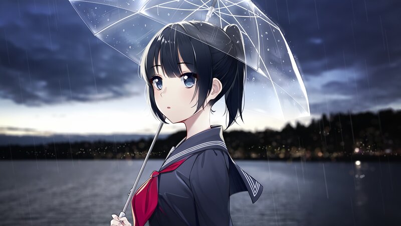 Anime Girl with Umbrella — Blue, Melancholic, Night, Rain, Water