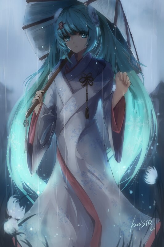 Anime Girl with Umbrella — Blue, Melancholic, Winter, Digital Art, Kimono