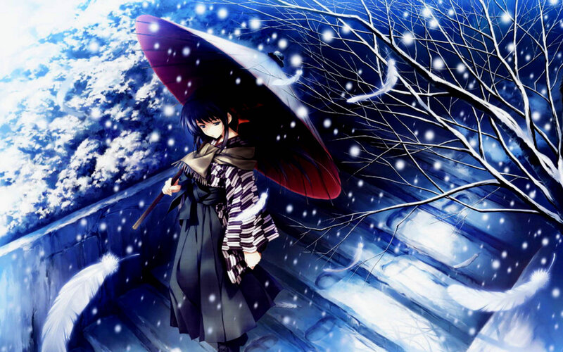 Anime Girl with Umbrella — Blue, Melancholic, Winter, Snow, Feathers