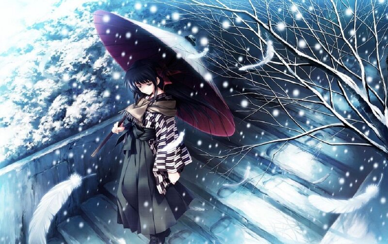 Anime Girl with Umbrella — Blue, Melancholic, Winter, Snow