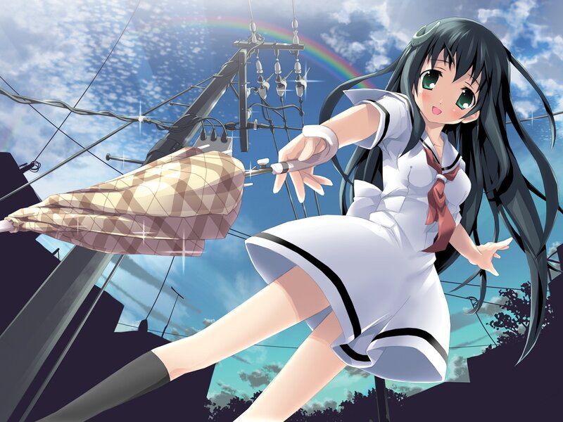 Anime Girl with Umbrella — Blue, Playful, Afternoon, Power Lines