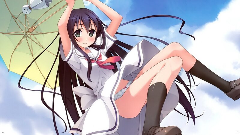 Anime Girl with Umbrella — Blue, Playful, Afternoon, School Uniform, Sky