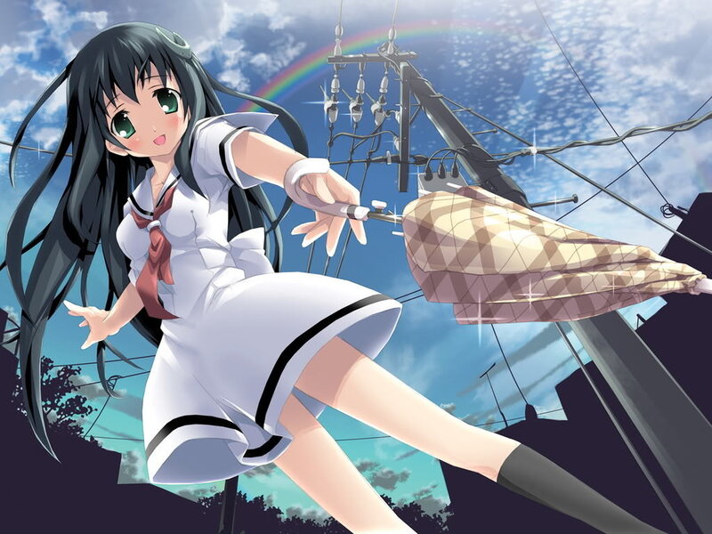 Anime Girl with Umbrella — Blue, Playful, Afternoon