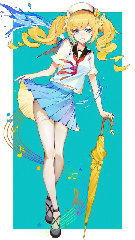 Anime Girl with Umbrella — Blue, Playful, Digital Art, Music Notes