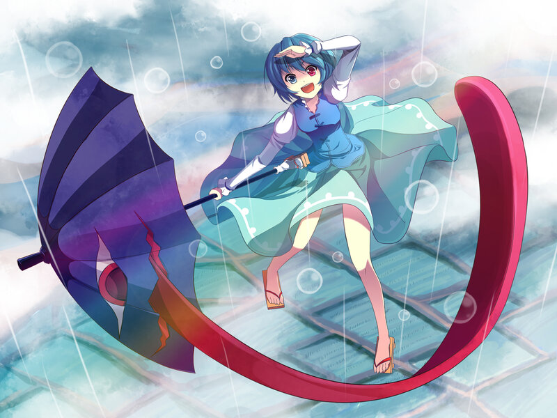 Anime Girl with Umbrella — Blue, Playful, Digital Art, Rain