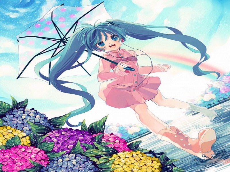 Anime Girl with Umbrella — Blue, Playful, Spring