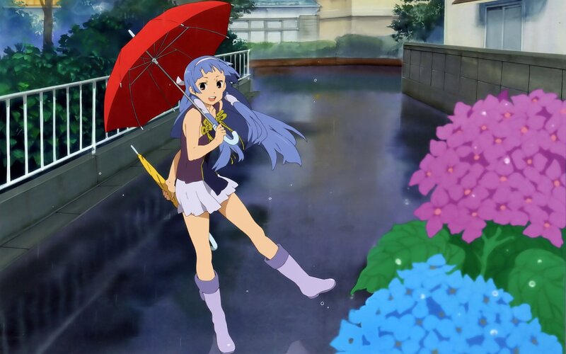 Anime Girl with Umbrella — Blue, Rainy