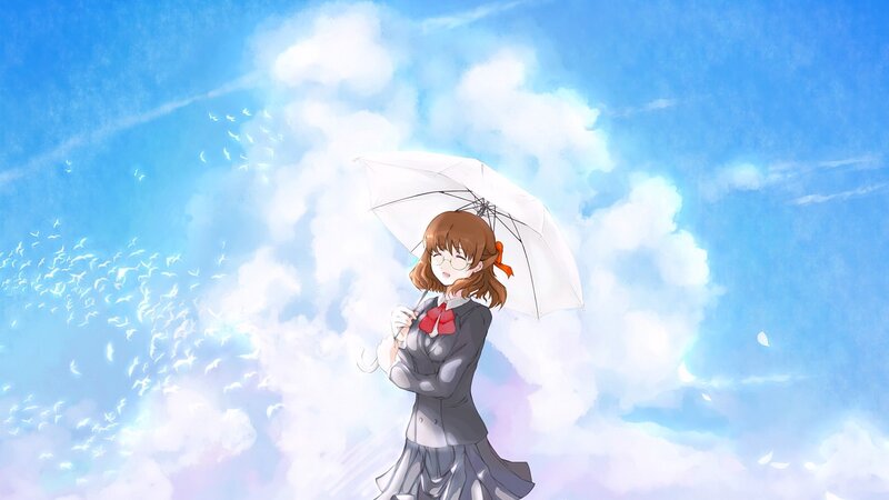 Anime Girl with Umbrella — Blue, Serene, Afternoon, Birds