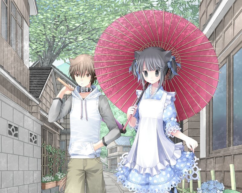 Anime Girl with Umbrella — Blue, Serene, Afternoon, Boy