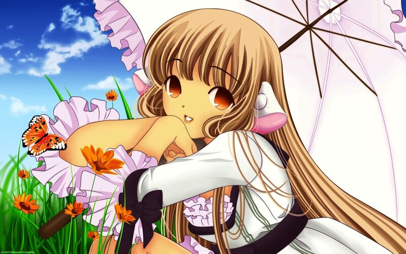 Anime Girl with Umbrella — Blue, Serene, Afternoon, Butterfly