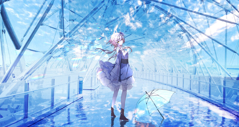 Anime Girl with Umbrella — Blue, Serene, Afternoon, Digital Art, Bridge