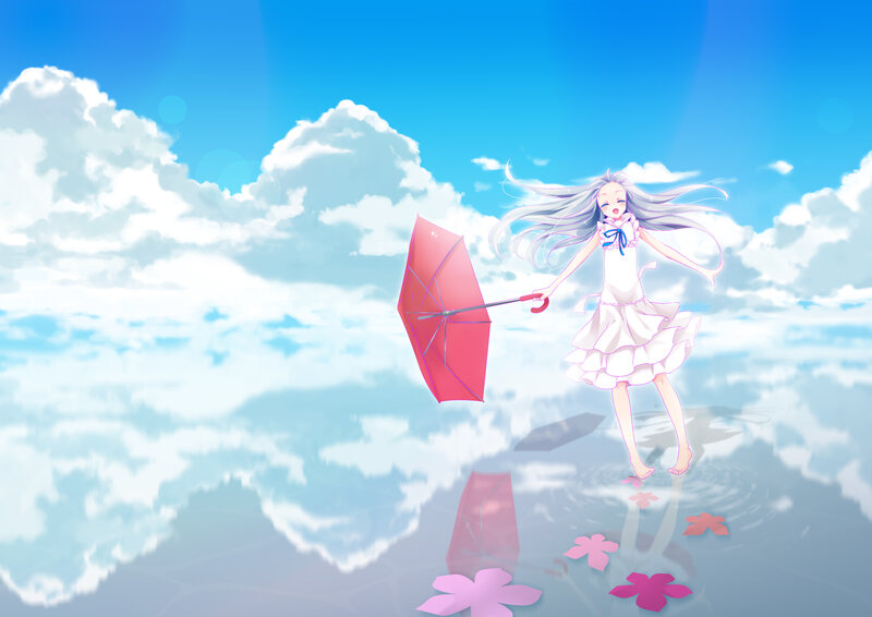 Anime Girl with Umbrella — Blue, Serene, Afternoon, Digital Art, Clouds