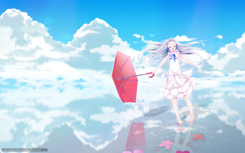 Anime Girl with Umbrella — Blue, Serene, Afternoon, Digital Art, Clouds, Water