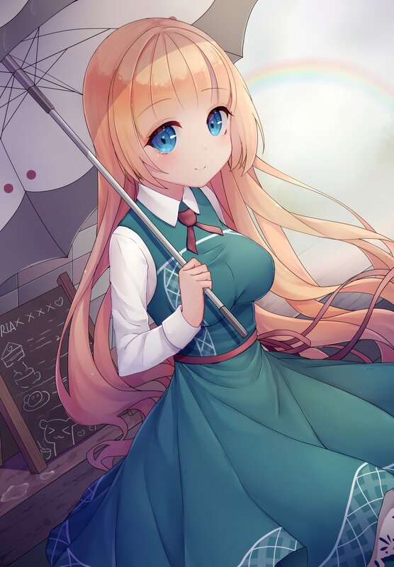 Anime Girl with Umbrella — Blue, Serene, Afternoon, Rainbow, Chalkboard